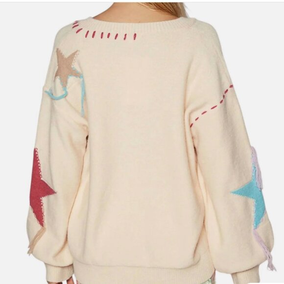POL Patchwork Star Sweater - Beige V Neck Thick Knit Size Medium - Picture 2 of 12